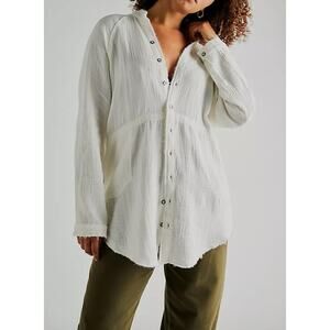 We the Free Lagenlook Oversized Gauze Cotton White Button Up Top Womens Size XS